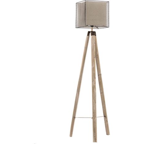 Lampadaire trépied en bois avec abat-jour en métal et toile, sable, beige (1/3)