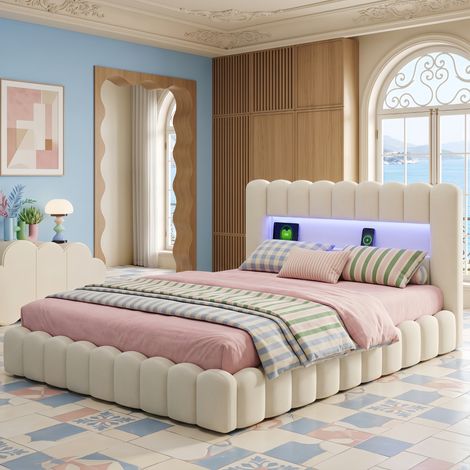Lit Coffre 140x200 cm tissu Lin Beige - lit rembourré double avec LED et Chargeur USB/Type-C, Sommier à Lattes et Rangement Hydraulique - Scandinave (1/5)