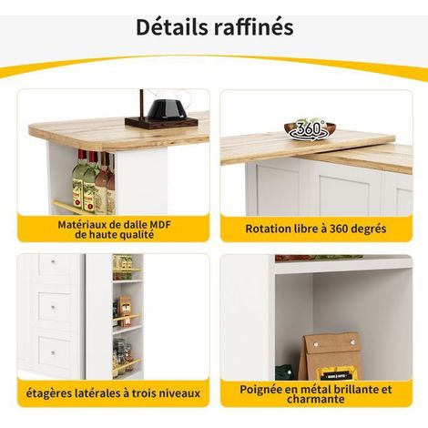 Table de bar rotative - Blanc - MDF - 360° - 3 tiroirs - Design moderne
