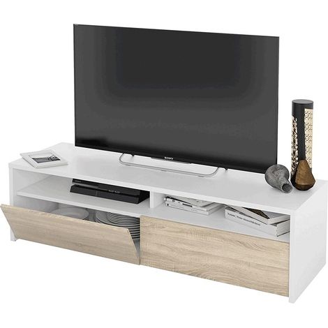 Mueble de Tv multimedia con 2 Puertas Abatibles en Color Blanco Artik y Roble Canadian 130 cm (1/10)