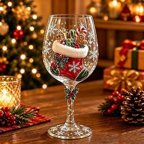 Verre à vin de Noël à motif en relief verres à pied décorés d'un sapin et de flocons de neige verrerie festive pour boissons - D (1/5)