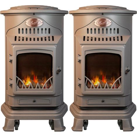 Pack de 2 poêles à gaz Provence Marron 3,4 kW Fonte Effet feu de bois Chauffage d'appoint sur roulettes Sahara (1/5)