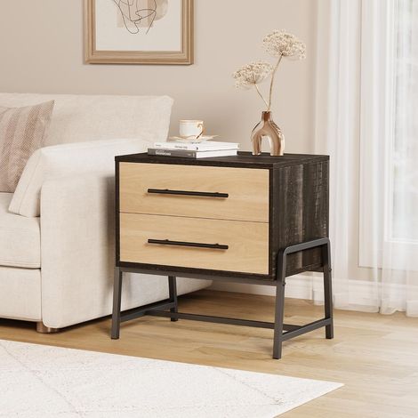 Table de Chevet Marron 2 Tiroirs, Meuble de Nuit Moderne avec Pieds Métalliques pour Chambre, Marron foncé (1/5)