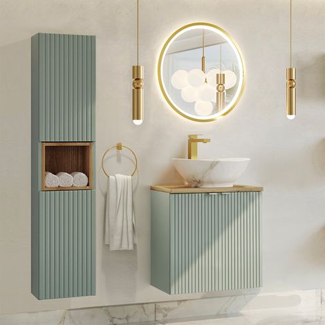 Conjunto de muebles lavabo individual 60cm 2 puertas y columna Jade Verde y Madera (1/4)