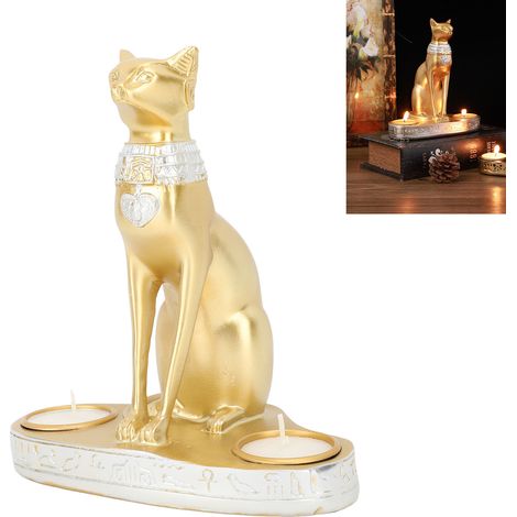 Ägyptische Katzen-Kerzenhalter-Figur aus Kunstharz, Modell F766, 16 x 10 x 18,5 cm, Gold, Antik-Vintage-Dekor (1/5)