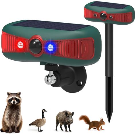 Sollbry Alarme de sécurité à énergie solaire : sirène puissante et stroboscopes rouge-bleu, 4 modes dissuade les cerfs, chats, ratons laveurs, étanche (1/5)