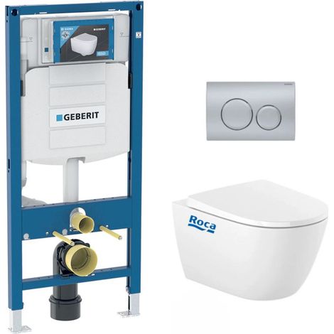 Geberit UP100WC-Paket Gestell + Roca Ona WC-Becken ohne Flansch mit unsichtbaren Befestigungen + Chromplatte matt (OnaGeb9)