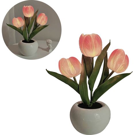 Lampe de table tulipe à lumière douce, en céramique PU rose, fonctionnant sur piles, idéale pour les librairies et les cafés. (1/5)