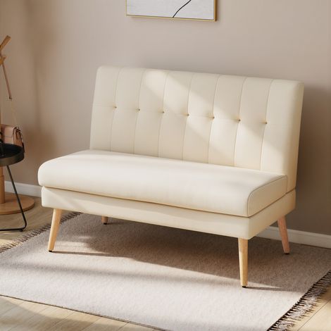 Sofá de 2 plazas, respaldo capitoné, patas de madera, acolchado grueso, aspecto de lino, para espacios pequeños, color beige.