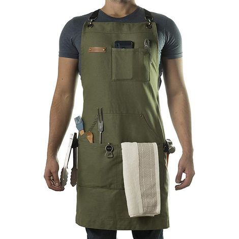 Tablier de Cuisine Asaya K001 Toile Coton 10oz Vert Militaire Sangles Croisées Décapsuleur Inclus (1/5)