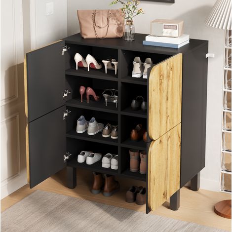 Schuhschrank mit 4 Türen aus MDF, schwarz und naturfarben, 80 x 38,5 x 95 cm (1/5)