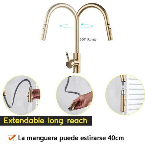 Robinet de Cuisine Orientable 360° Mitigeur Monocommande Évier, 2 Fonctions Jet & Pulvérisateur, Eau Chaude Froide Mélangeur, Finition Or Brossé, Robinetterie Évier Moderne (1/3)