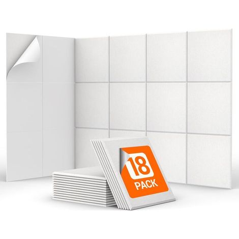 Lot de 18 panneaux muraux insonorisants autocollants, dimensions 30 x 30 x 0,9 cm, en mousse insonorisante haute densité blanche (1/5)