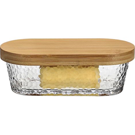 Beurrier avec couvercle en bambou, beurrier en verre avec boucle, passe au micro-ondes/lave-vaisselle, cloche à beurre scellée (1/5)
