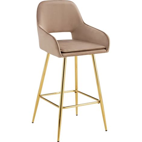 Lot 2 Tabourets de Bar Athena Velours Taupe Pieds Gold 47x41x104cm