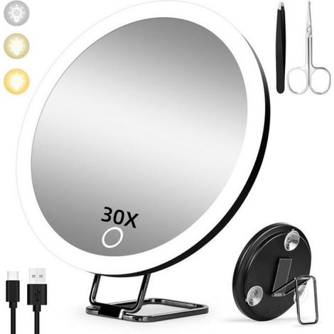 Miroir Grossissant - 30X - 15 cm - Lumière LED Réglable 3 Couleurs - Rechargeable - Support Pivotant 360° - Ventouses Incluses - 1 Pièce (1/4)