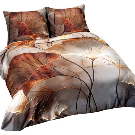Juego de ropa de cama de 140x200+70x90 cm, de algodón satinado con estampado de flores naranjas. (1/5)