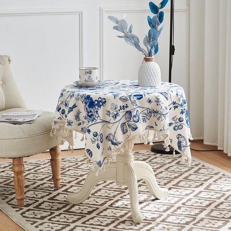 Nappe décorative à pampilles de fleurs bleues, petite table de chevet, table basse, nappe décorative (90x90cm) (1/5)