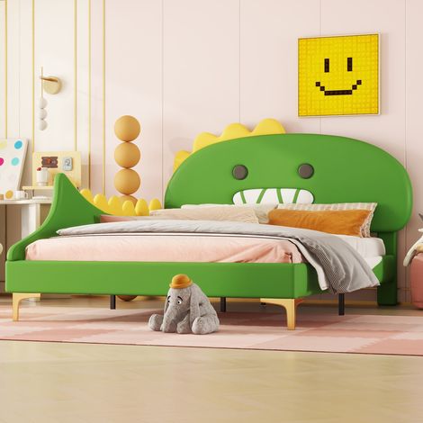 Cama infantil 140x200 cm cabecero con forma de dinosaurio de dibujos animados material PU verde(Sin Colchón) (1/5)