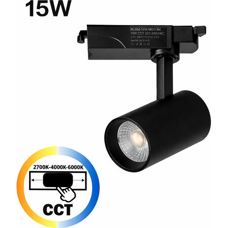 Spot LED pour Rail Monophasé 15W CCT 2700K-4000K-6000K Orientable Noir