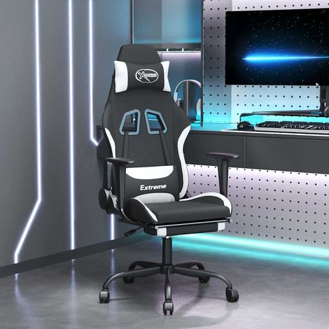 vidaXL Silla gaming de masaje con reposapiés tela negro y blanco (1/5)