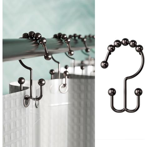 Lot de 12 Anneaux de Douche en Métal Noir, Double Glissement, Bronze Huilé, Pour Rideaux et Doublures