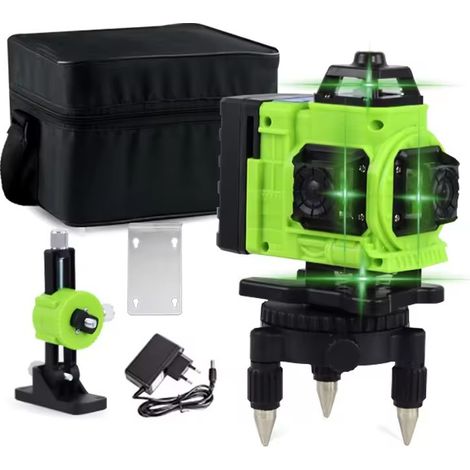 Nivel láser de 16 líneas, nivel láser de líneas cruzadas de haz verde autonivelante de 360° 4x360° 4D con 2 baterías, control remoto láser de línea horizontal/vertical de 360° para construcción de azu (1/3)