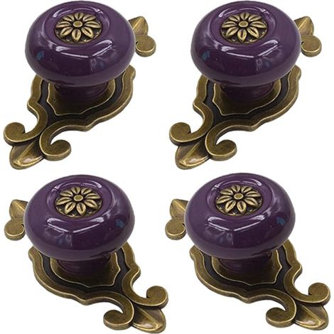 Retro-Keramik-Schrankknäufe, [4 Stück] Vintage Antik Schubladenknöpfe mit Bronze-Rückplatte, Schrankgriffe für Küche/Kommode, Schublade/Schrank/Kleiderschrank (lila, 4 Stück) (1/5)