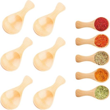 Ensemble de 6 cuillères à herbes : mini cuillères en bois, petite cuillère à sel en bois, cuillère à remuer à manche court pour petits pots de confiture, épices, etc. (1/5)