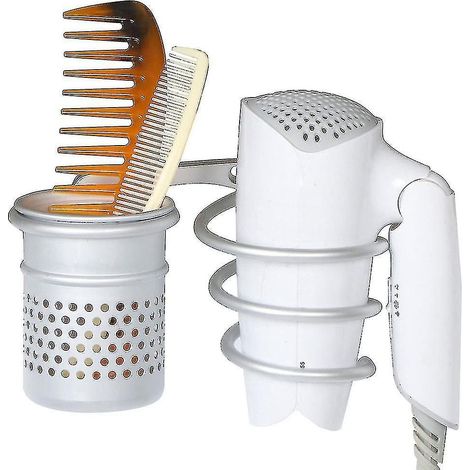 Wandmontierter Haartrocknerhalter, Haartrockner-Organizer, spiralförmiger Haarstyling-Ständer mit integriertem Becher, ideales Ablagefach, aus silbernem Aluminium. (1/5)