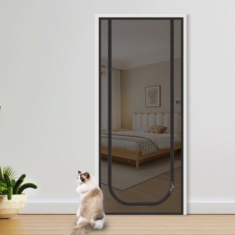 Porta a zanzariera rinforzata a prova di gatto con cerniera a doppio cursore per animali domestici (nera, 90x210 cm) (1/5)
