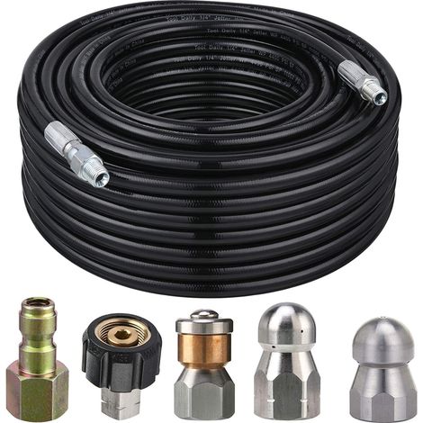 Kit de nettoyage de canalisations avec nettoyeur haute pression 1/4 pouce, 4400 PSI et portée de 30 mètres, comprenant un tuyau haute pression et une buse rotative. (1/5)
