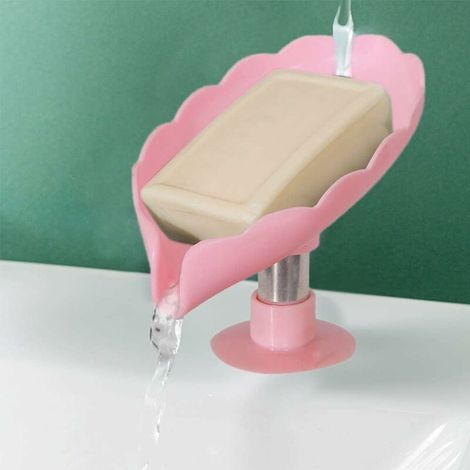 Leaf-Shaped ABS Self-Draining Soap Dish, Creative Suction Cup Soap Box for Shower, Bathroom, Bathtub, Sponge, Scrub Brush (Pink) - Sunny (1/5)