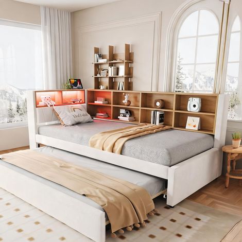 Cadre de lit beige en flannelette 213 x 103 x 98 cm (1/5)
