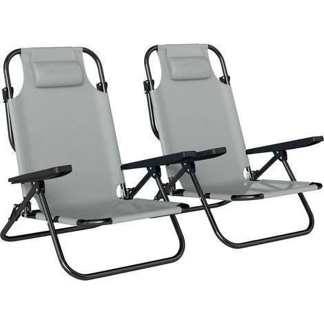 Set di 2 Sedie Campeggio 63x75x80 cm Portatili e Pieghevoli con Schienale Regolabile in Poliestere Grigio Chiaro (1/5)