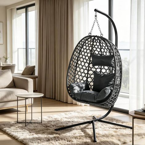 Hängesessel mit Gestell 105x105x195 cm dunkelgrau, 360° drehbar, Metall und PE-Rattan (1/5)