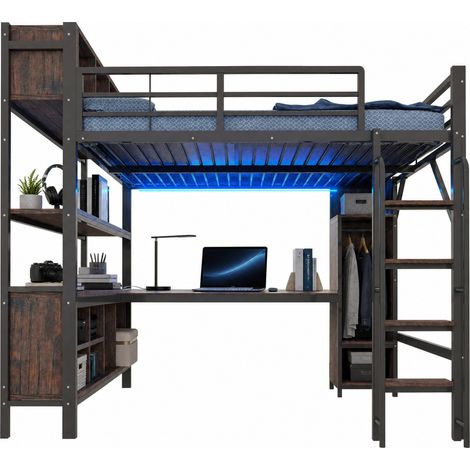 Letto a soppalco 140 x 200 cm con scrivania, armadio, ripiani, LED, prese europee e sponde alte, soluzione salvaspazio per camera da letto moderna, metallo nero - CHICFURN (1/5)