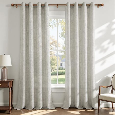 Rideau Voilage Effet Lin Tamisant à Œillets, Rideaux Bohème Semi-Transparents pour Fenetre Baie Vitrée Chambre et Salon, Style Naturel, 2 Panneaux 140 x 245 cm, Blanc Crème (1/5)