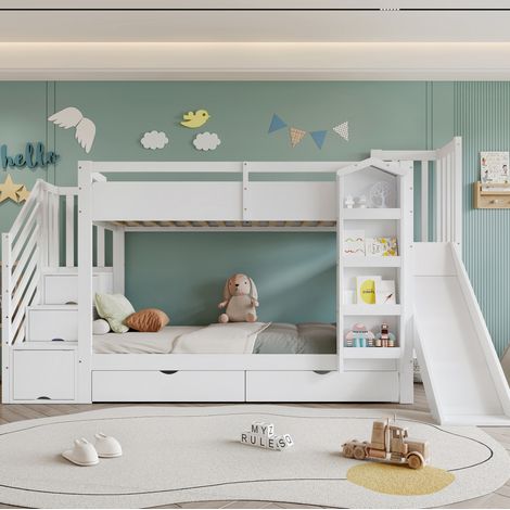 Etagenbett 90x200 cm Weiß aus Massivholz und MDF mit Rutsche, Treppe, Bücherregal und Stauraum (1/5)