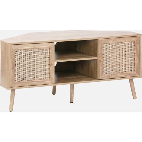 Mueble TV esquinero, madera y caña, 2 puertas, 1 estante, 115cm (1/5)