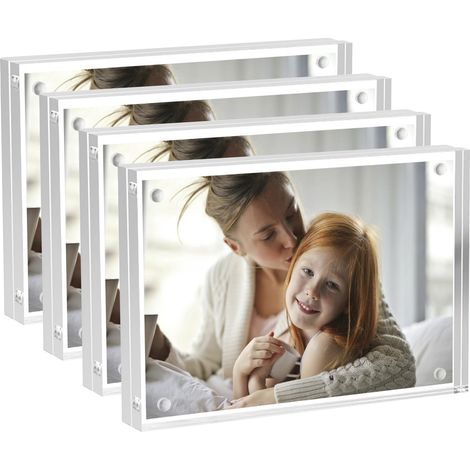 Lot de 4 cadres photo magnétiques en acrylique - 6 x 9 cm - Transparents - Double face - Écran autoportant sans cadre - Porte-monnaie - Petits cadres photo pour 6 x 9 cm (1/5)