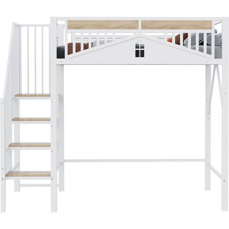 Lit mezzanine en métal 90 x 200 cm, barrière de sécurité unique avec fenêtre, avec échelle de sécurité, espace suffisant sous le lit pour une housse en tissu libre, blanc, ancien SKU LDT00276AAK