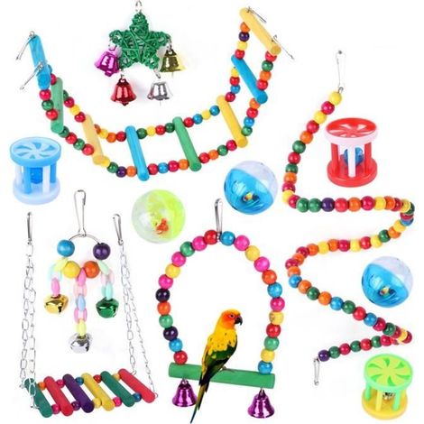 12 Jouets pour Oiseaux, Bois Naturel, Peinture Comestible, Accessoires de Cage, Perruches Perroquets Canaris