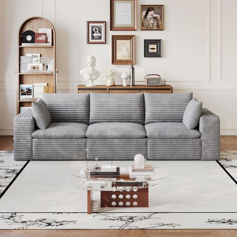 3-Sitzer-Sofa „Compressed Cloud“, 260 cm breit, aus hellgrauem Cord, zweilagiges Design, abnehmbares Sitzkissen, keine Montage erforderlich