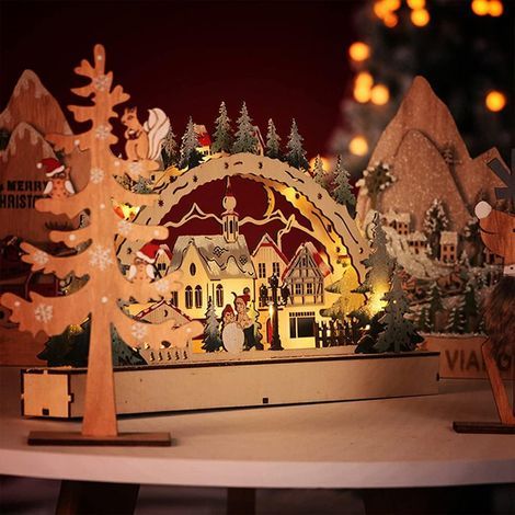 Maisons de village de Noël, 39 26 7 Maison de Noël LED Scène de forêt de Noël Village de Noël en bois pour décorations de fenêtres dans les centres commerciaux (1/5)