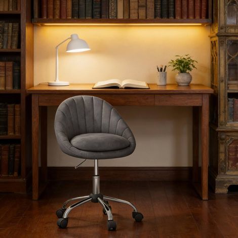 Sedia da ufficio 52x52x72-82 cm grigio scuro in velluto e metallo con altezza regolabile e rotazione 360° (1/5)