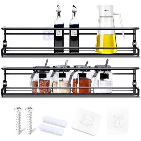 Gogola Lot de 2 étagères à épices murales, pour portes de placard, avec adhésifs et vis, installation sans perçage. Étagère à épices pour murs de cuisine et portes de placard, 29 x 6,5 x 6,5 cm, noir. (1/4)
