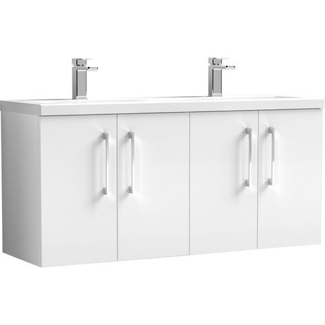 Balterley Bramshall 1200mm Wall Hung 4 Door Double Basin Vanity Unit for Modern Bathroom Storage - Gloss White