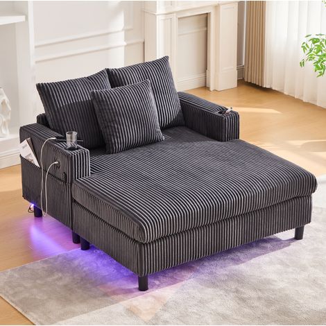 Chaise longue de relaxation en corduroy gris foncé avec LED, USB et porte-gobelet (1/5)