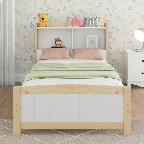 Tête de lit en bois massif, cadre de lit avec sommier à lattes, lit en bois avec tête de lit, lit d'enfant en pin massif, naturel et blanc, 90x200 cm (avec matelas) (1/5)